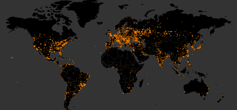 Orange dots illustrates the infection by WannaCry ransomware. Credits: malwaretech.com