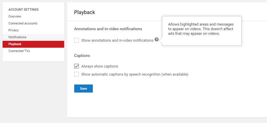 YouTube Playback settings